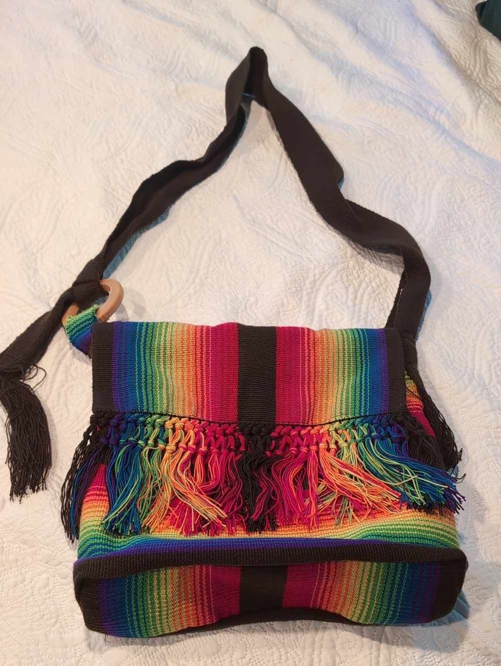 Handwoven Colombian Rainbow Fringe Crossbody Bag - Multicolor